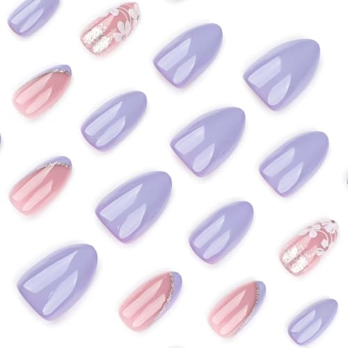 Image of Floral Press on Nails Lilac Purple Fake Nails Gold Foil Glue on Nails Spring Nails Short Almond False Nails with Design Glossy Reusable Acrylic Full Cover Stick on Nails for Women Manicure 24Pcs