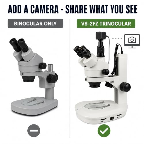 Image of VS-2FZ Trinocular Zoom Stereo Microscope, 0.7X-4.5X Zoom Range, 3.5X-90x Magnification Range, 0.5X & 2X Auxiliary Lens, Dual LED Illumination, Track Stand