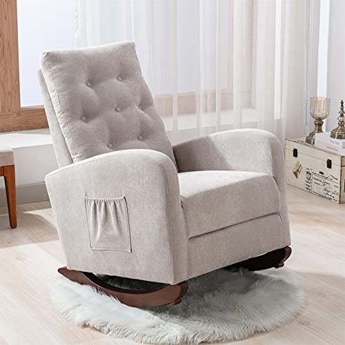 Living Room High Back Rocking Chair Nursery Chair, Comfortable Rocker Fabric Padded Seat, Modern High Back Armchair, Upholstered Rocking Chair (Tan + Cotton) #TOP2
