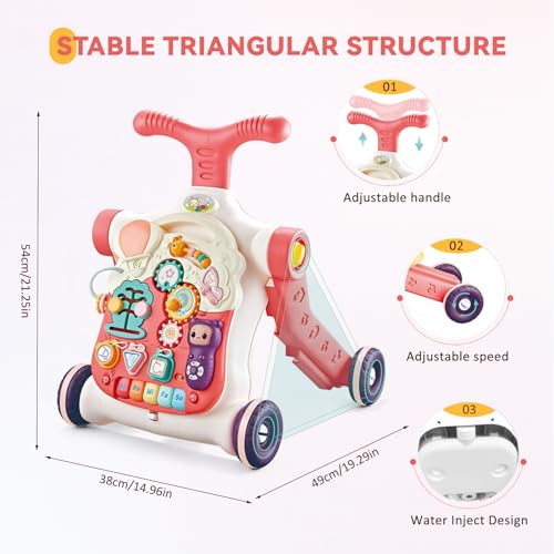 Image of 5 in 1 Baby Walker Sit-Stand Toy, Multifunctional Educational Baby Walker, Removable Play Panel with Music, Push Walkers for Babies 6-12 Months, Pink