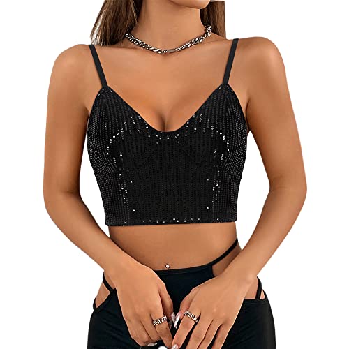 Haoohu Women's Sparkly Sequin Spaghetti Strap Crop Top Sleeveless V Neck Rave Tank Vest Clubwear