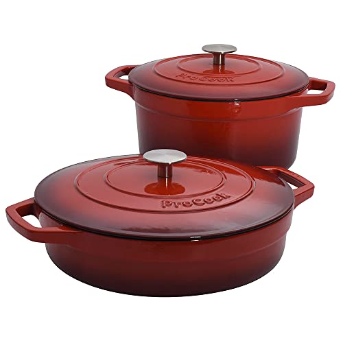 ProCook Cast Iron Casserole Dish Set with Lids (Red, 2 Piece) Induction Compatible, 25 Year Guarantee