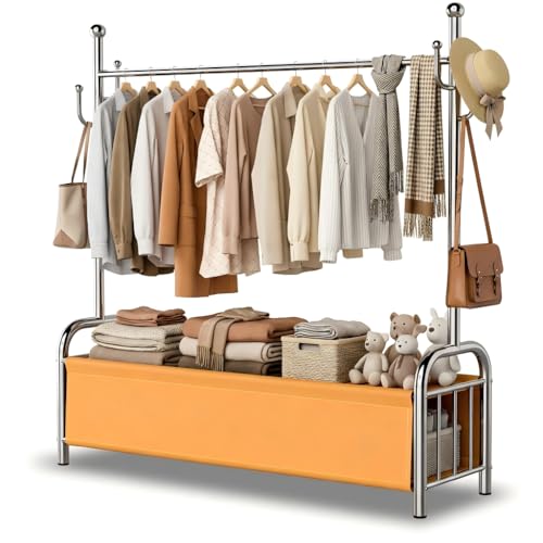 Burro Ropa con Ruedas de Acero Inoxidable, Perchero Burro con Cesta de Almacenaje, Perchero de Pie Estable, Barra para Ropa Resistente, 3 en 1 Tendedero Organizador