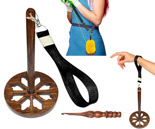Image of NAAZ Wood Arts Premium Handmade Wood Yarn Rolling Holder with Hand Strap, Crossbody Strap and Crochet Hook 6 mm, Hangging Holder Yarn Spinner for Knitting & Crocheting. (Rose Wood Desing 2)