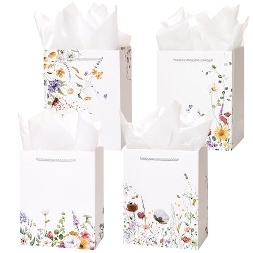 Crisky 4 Pack Medium Gift Bags with Handles Wildflower Floral Wedding Gift Bag Medium Size Goodie Bags with Tissue Paper for Bridal Shower Engagement Birthday Graduation Small Business