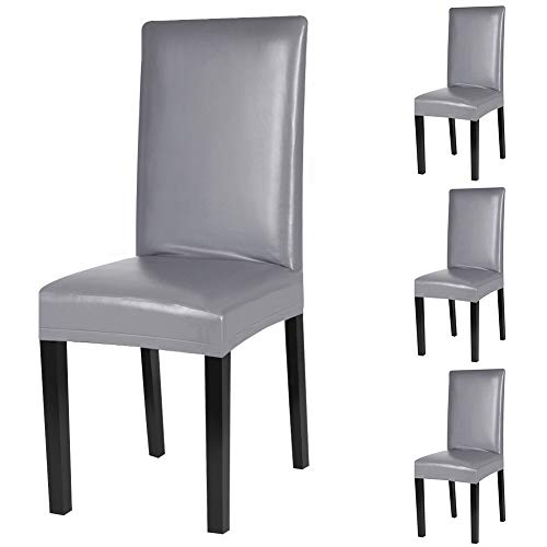 Dining Chair Covers, PU Leather Chair Slipcover Solid Waterproof and Oilproof Stretch Dining Chair Protector Cover (4 Sets, Gray)
