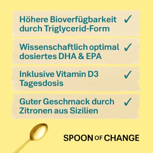 Foto von Premium Omega-3 Algenöl Vegan (2900mg pro Tag) - Hochdosiert - mit Zitrone - DHA & EPA - Wissenschaftsbasiert, Laborgeprüft - Nachhaltig - Mit Vitamin D3 fürs Immunsystem - Spoon of Change®