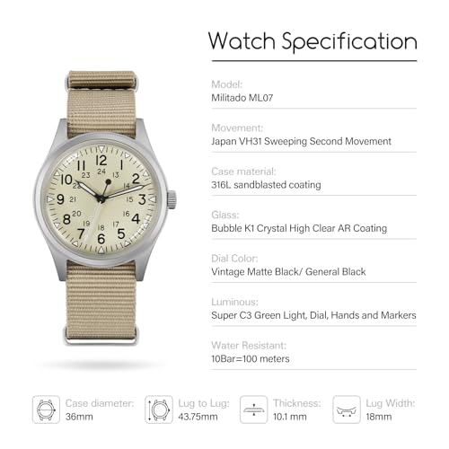 Image of TACTICAL FROG Militado ML08 Field Watch Japanese Sweep VH31 / 515 Movt with Calendar, Men's Military Watch Sapphire Crystal 10 ATM Waterproof Analog Watches for Men