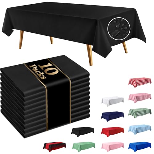 FAGNBED 10 Pack Black Disposable Tablecloth, 54×108 Inches Waterproof Plastic Rectangle Table Cover, Leakproof & Sturdy Table Cloth for for Wedding, Birthday, Picnic, Halloween Party Decoration