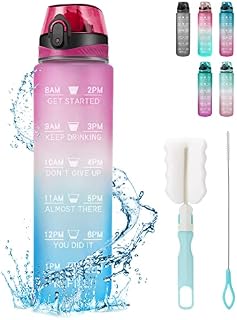 Binudum Water Bottle 1L BPA Free Tritan Sport Drink Bottle Motivational Water Bottle with Straw Leakproof Non-Toxic for Gym, Outdoors, Cycling, School & Office (Pink Blue)