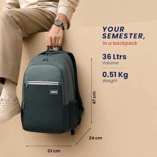 Image of American Tourister Nexa Style 01 | 36L Backpack | Casual Bag | 3 Compartments | School & College Backpack for Men and Women | Olive | 1 Yr Global Warranty