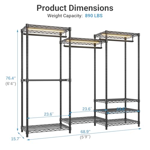 Image of VIPEK V5L Garment Rack Heavy Duty with Dimmable LED Light, 3000K Warm White, Portable Closet Wardrobe Freestanding, Metal, for Hanging Clothes, Max Load 890lbs, Black