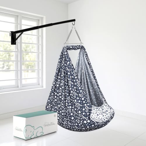 Image of Baby Cradle̞, Foldable Window Hanger with Sliding Lock, Hanger Spring, Mosquito Net & Pad with Insert Pocket, Jhoola, Thottil, Joli, Jokali, Onjal (Navy Star)