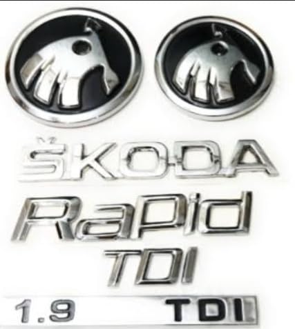 Car Chrome Badge Emblem Monogram Logo Sticker Kit Compatible with S-Koda Rapid 1.9 TDI | 6 PCS Set | 3D Decal Wrap | Plastic Material | Chrome & Black Colour | Car Exterior Accessories-image-38