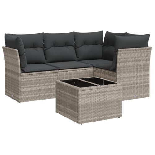 Eleganz 5-TLG. Garten-Sofa Garnitur mit Kissen - Moderne Poly Rattan Lounge Möbel für Terrasse & Balkon - Hellgrau, Wetterfest & Bequem