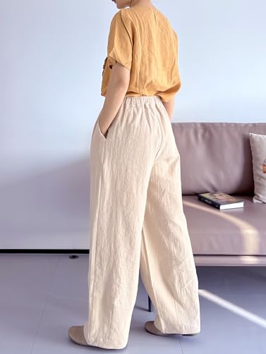 FTCayanz Women's Linen Pants Wide Leg Palazzo Pants Summer Casual Elastic Waist Trousers with Pockets4