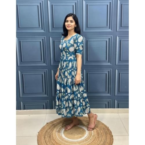 Image of Modestouze Attires Women's Paisley Pattern Rayon Midi Dress with Half Puff Sleeve Round Neck Calf Length and Pull On Closure Type
