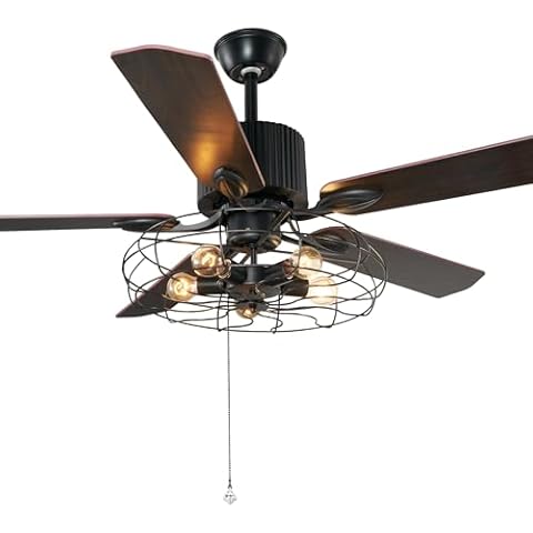 efperfect 52Inch Industrial Ceiling Fan with Light, Vintage Metal Cage Ceiling Fans Reversible Retro 5 Wood Blades Remote 3 Speeds Timer Light Fixture for Living Room Farmhouse Dining Room Kitchen Cover