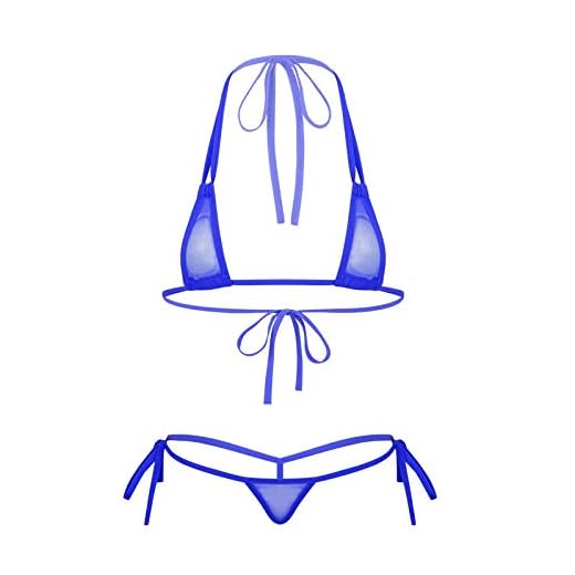 dPois Bikini Mujer Transparente Braga Alta Conjunto de Lenceria Crop Top Tanga G-String Picadías Braguitas Tiras Ropa Erótica Babydoll Traje de Baño Azul Real Talla Única
