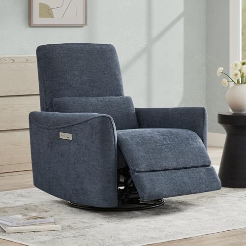 Image of CHITA Power Swivel Glider Recliner Chair, Nursery Glider, Fabric Ink Blue | FSC Certified Upholstery Rocking Chair, Power Lumbar Support, Reclining Chair for Living Room & Nursery