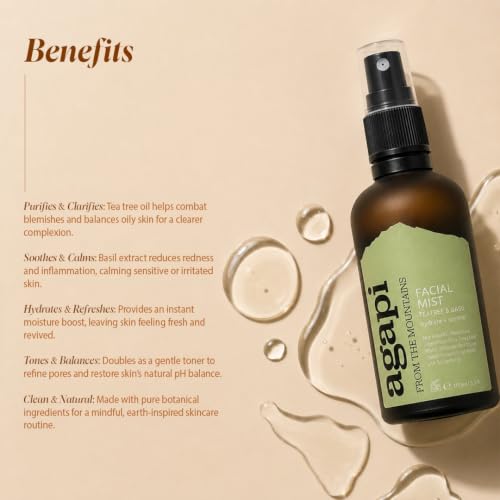 Image of Agapi Sikkim Tea Tree & Basil Facial Mist-handcrafted, sustainable, and luxurious. Clarifying, hydrating, antibacterial & anti-inflammatory. Soothes sensitive skin, controls oil, refreshes on the go.