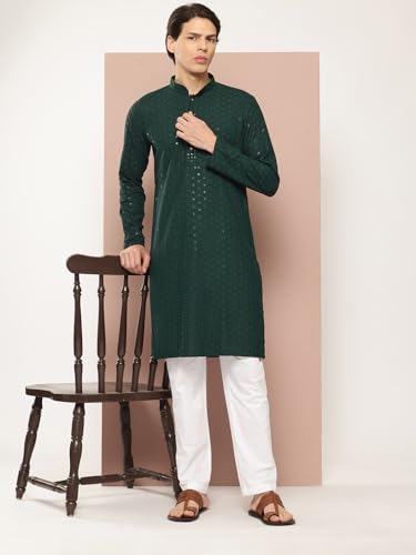 Image of See Designs Men's Long Sleeve Side Slit Embroidered Sequined Rayon Mandarin Collar Kurta