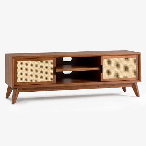 Image of Bme Jasper Premium Solid Wood, 10 Minutes Assembly (Legs Only), Aesthetic Rattan Doors, Mid Century Entertainment Center for Living Room, TV Stand for 65" TV, Dark Chocolate