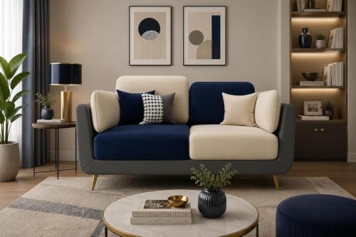 Image of Modern Sofa, 2 Seater with Decorative Cushions, Chesterfield Arm Three Seater for Living Room Guest Room Hotels & Office (2 Blue and Beige)