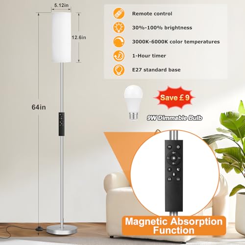 Aooshine Floor Lamps, 64" Modern Standing Lamp for Living Room with White Shade and Silver Pole(9W Bulb Included) - Image 2