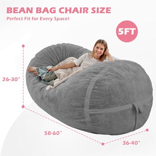 Image of 5FT Bean Bag Chair 5'Giant Bean Bag Chairs with Adults, Large Beanbag Chair | Bean bag Lounger with Machine Washable Cover Luxurious Velvet Fabric, Comfy Chairs for Living Room, Bedroom, Dorm, Darkgrey