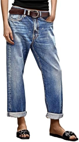 Flamingals Straight Leg Jeans for Women Boyfriend Mid Rise Roll Hem Wash Cropped Denim Pants Without Belt Mid Blue L