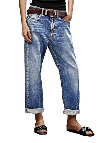 Flamingals Straight Leg Jeans for Women Boyfriend Mid Rise Roll Hem Wash Cropped Denim Pants Without
