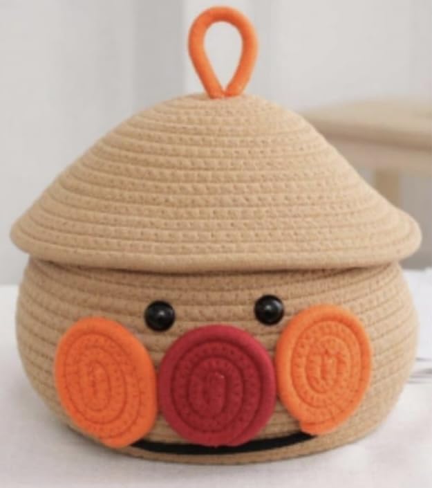 UR Home Multi-Purpose Cute Jute Basket with Lid Storage Baskets for Bathroom Living Room & Kitchen Organiser Box Vanity Box First aid Box (Pack of 1) 25x20cm Red & Beige