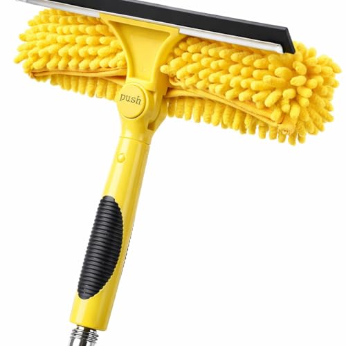 Window Squeegee and Chenille Scrubber, 2-in-1 Combo Cleaning Tools, Multi-Angle Threaded Window...