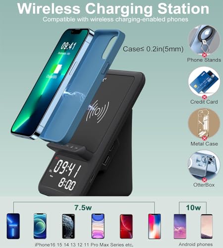 AFK Wireless Charging Station with Bluetooth Speaker and Alarm Clock,Wireless Charger Compatible with iPhone,Android Phones(Black) - Image 3