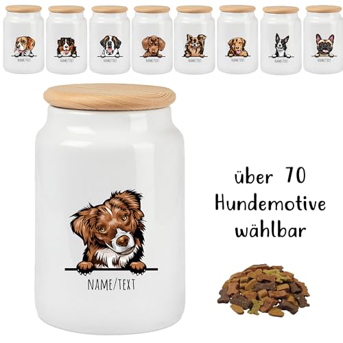 Tierisch-tolle Geschenke Leckerlidose Hund personalisiert – Keramik Dose mit Namen & Hunderasse, luftdicht mit Holzdeckel, Aufbewahrung für Leckerlis & Kekse (650 ml)