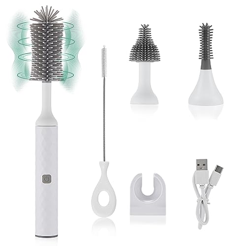 Image of WHNL Electric Baby Bottle Brush Set with Rechargeable Electric Bottle Brush Cleaner, 3 Piece Replaceable Silicone Baby Bottle Brush Cleaner and Straw Brush,Waterproof, Best Newborn Essentials, White