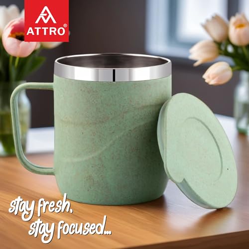 Image of ATTRO Brew Mug - Stainless Steel Inner with eco Friendly Outer Body Durable & Stylish, Microwave Safe Coffee /Tea Mug with Handle & Lid, Ideal for Home, Office, Travel & Gifting - 300ml - Pastel Green