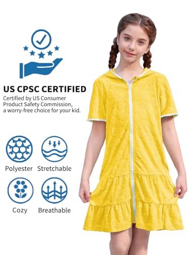 Image of BesserBay Girls Summer Beach Quick Dry Cover Up Ruffle Hem Terry Smocked Hooded 4-14 Years with Pockets