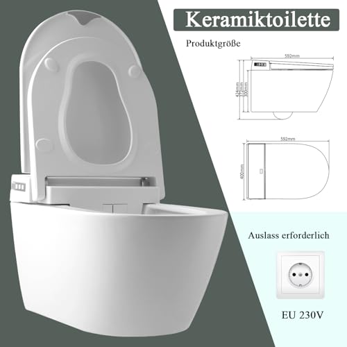 CASSILANDO Intelligente Wand Toilette, Smart Toilette Dusch WC, Intelligente Bidet-Toilette, Hängetoilette, Spültoilette, Eingebauter Heizsitz, Nachtlicht, Seitliche Bedienknöpfe, Weiße Farbe