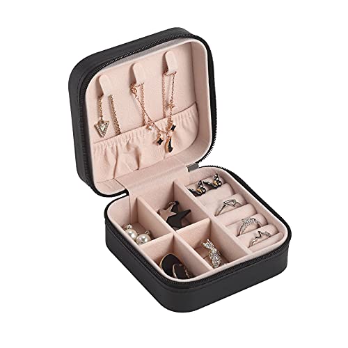 Image of CASEGRACE Travel Jewelry Case, Small Jewelry Box Portable Jewelry Travel Organizer Display Storage Case for Rings Earring Necklace Bracelet, Gift for Women Girls, Black