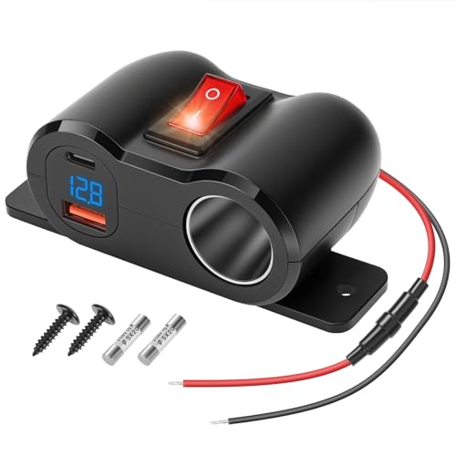 Thlevel Prise de Chargeur USB Voiture QC3.0 et PD3.0 12V Voiture Allume Cigare Adaptateur Répartiteur Prise avec Interrupteuret voltmètre LED pour 12V/24V Voitures Bateaux Camping-Car