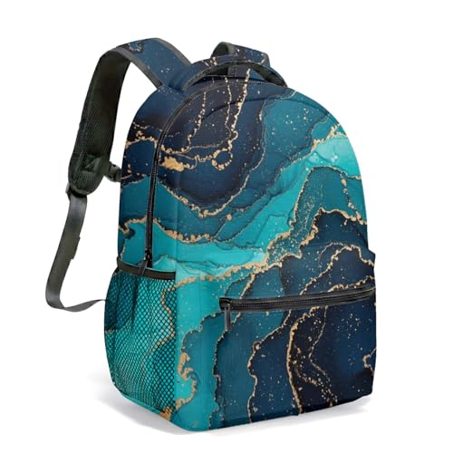 Image of Teal Turquoise Fluid Swirl 16 Inch Backpack Abstract Gold Marble All-Over Print Mineral Liquid Art Commuter Travel Bag (04)