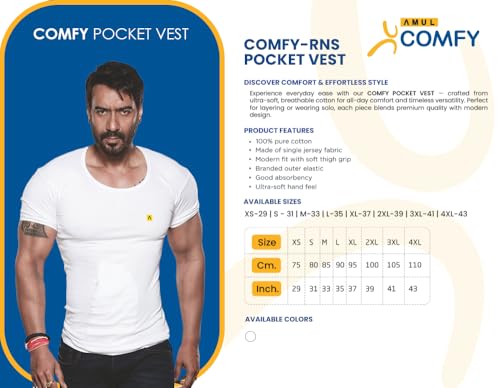 Image of Amul Comfy Men's Cotton White Interlock-Fabric Vest with Pocket and Half Sleeve Pack of 3.