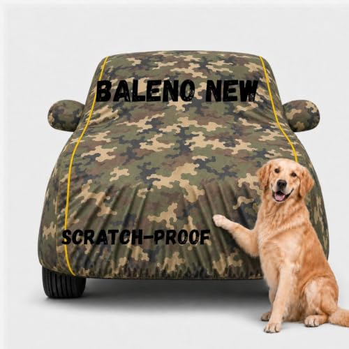 Image of 3 Layer Waterproof Car Body Cover for Baleno New All Weather Protection Comes with Inner Cotton Lining & Triple Stitched with Mirror & Antenna Pocket Belt & Elastic Fit (Army)