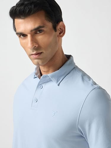 Image of TECHNOSPORT Men's Solid Slim Fit Polo Collar T-Shirt COTFLEX Half Sleeve Button Polyester for Gym Running Workout UPF50+ Anti Odour