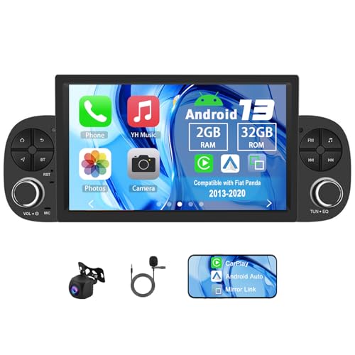 Slakerbe Android 13 Radio de Coche 2 DIN con CarPlay Inalámbrico Android Auto Compatible para Fiat Panda 2013-2020, 2G+32G 7 Pulgadas Autoradio Multimedia con Navegación WiFi FM RDS Cámara Mic
