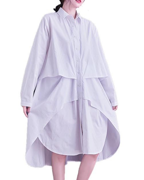 ellazhu Women's T-Shirt Dress Casual Lapel Long Sleeve Oversize Irregular Hem Button Down Solid GZ622