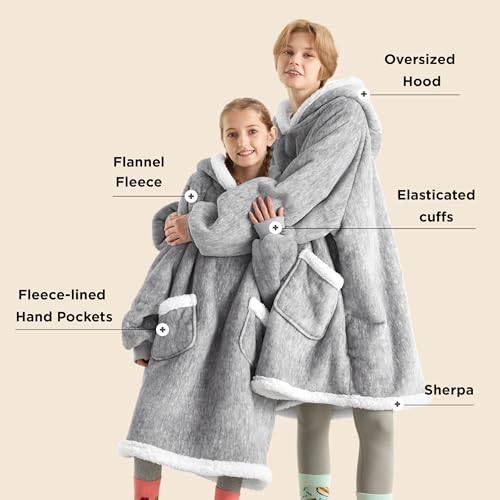 Bedsure Blanket Hoodie, Wearable Blanket for Adults & Kids as Gifts for Women Men, Birthday Gifts for Women Mom Girl Sherpa Oversized Hoodie, Concrete Grey, Small