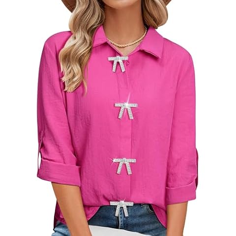 MYMORE Womens Hot Pink Rhinestone Shirt Top Country Concert Outfits Glitter 3/4 Length Sleeve Button Down Shirts Nashville Western Wear Cowgirl Outfit Clothes M Cover